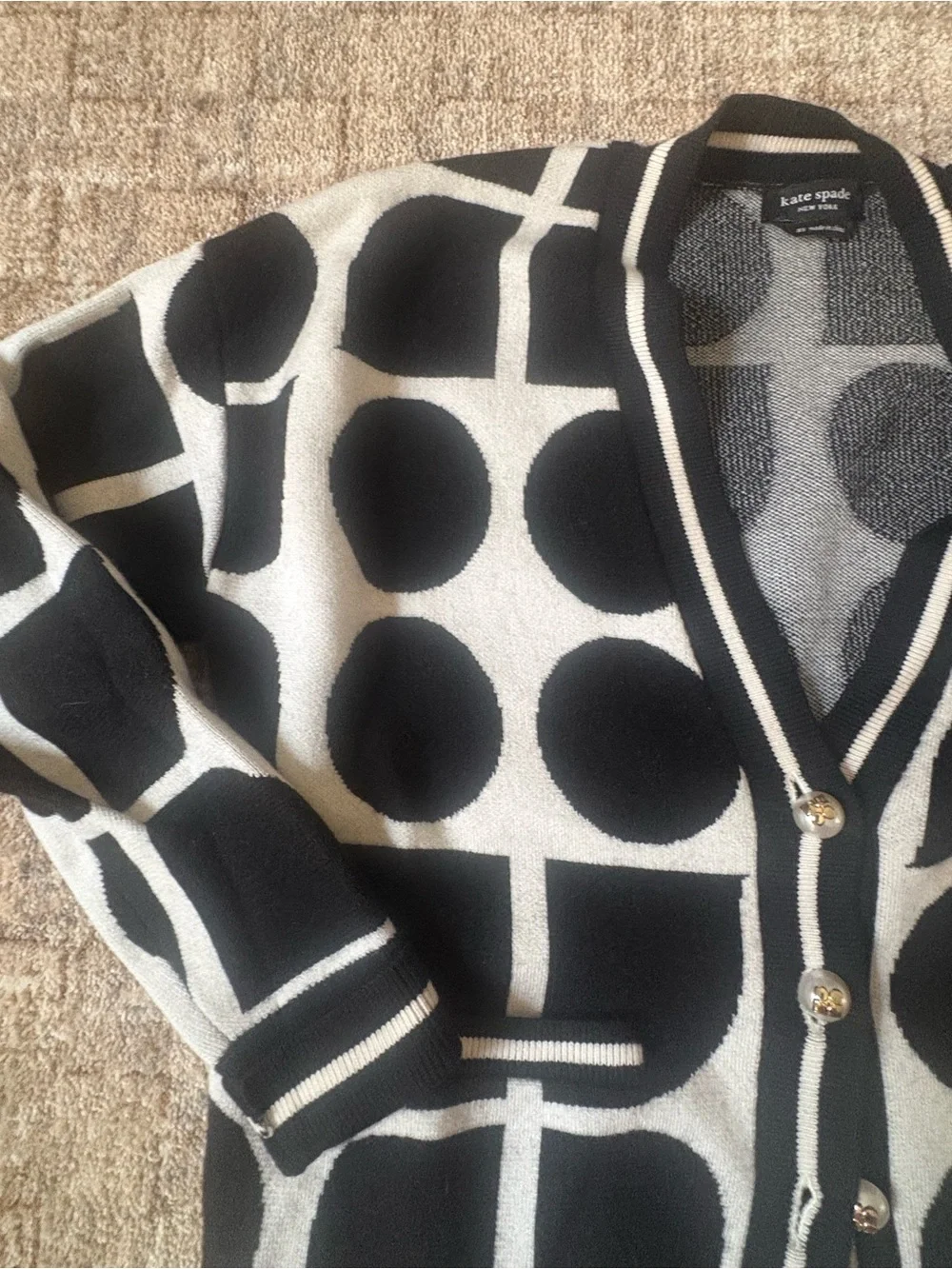 kate spade Black and white Geometric Dot Cardigan with Button Front